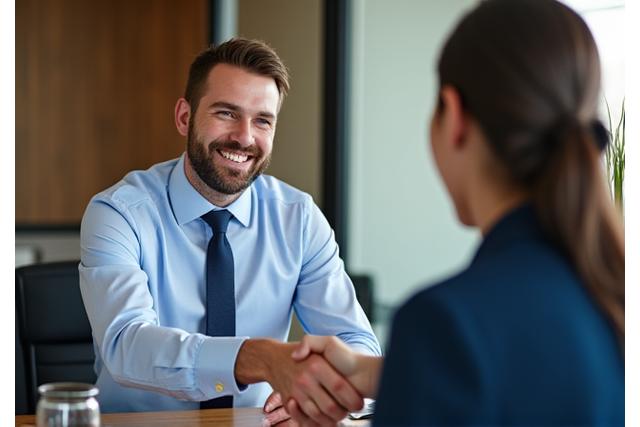 Hombre sonriendo y estrechando la mano tras una consulta financiera exitosa
