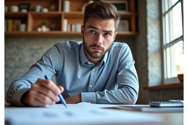 Hombre adulto joven con expresión pensativa, revisando documentos financieros.